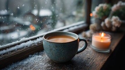 Fototapeta premium Warm cup of tea by the window with a candle during a snowy winter afternoon