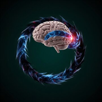  brain on a dark emerald background.  representing repetitive thoughts and compulsions.