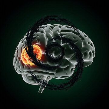  brain on a dark emerald background.  representing repetitive thoughts and compulsions.