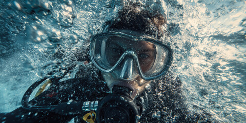 Scuba diver wearing full gear exploring underwater environment with bubbles and water reflections