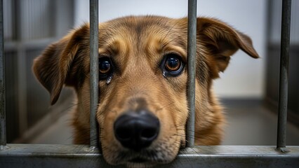 Sad dog behind metal prison bars.