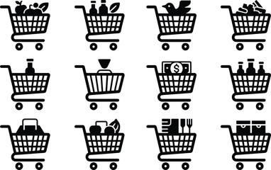 Shopping cart icon set featuring groceries food products money household items ecommerce retail purchase flat black vector illustration © LT studio