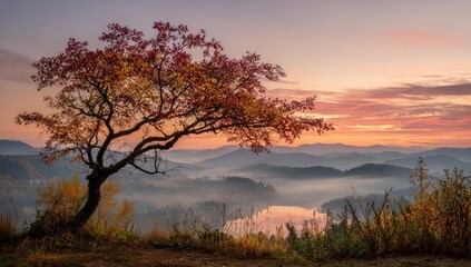 Autumnal vista of a tree at dawn over a lake nestled in a misty mountain range