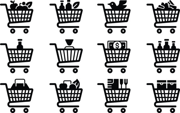 Shopping cart icon set featuring groceries food products money household items ecommerce retail purchase flat black vector illustration