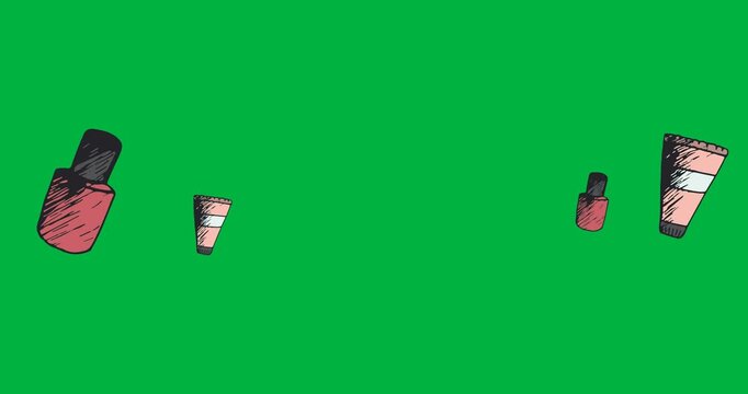 Digital animation of multiple foundation and nail paint icons floating against black background