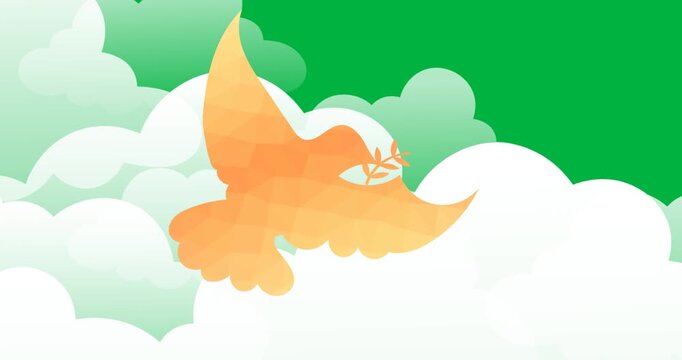 Digital animation of yellow dove bird icon flying against clouds icons on black background
