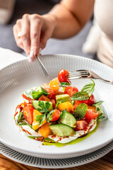 Woman eating fresh vegetable salad with tomatoes cucumber herbs and creamy cheese in restaurant, close up, copy space