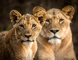 Obraz premium A lioness and cub gaze intensely at the viewer