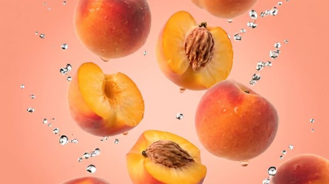Juicy peaches and water droplets splashing in mid-air, a refreshing and vibrant fruit explosion