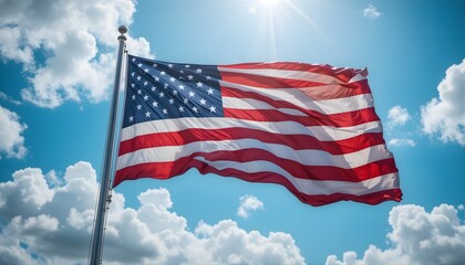 Obraz premium United States flag waving on flagpole against blue sky with clouds in daylight
