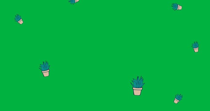 Digital animation of multiple cactus plant icons falling against black background