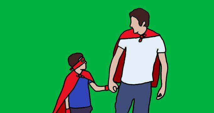 Digital animation of dad and son in superhero customer icon against black background