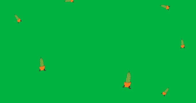 Digital animation of multiple cactus plant icons falling against black background
