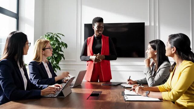 Black female executive in red vest presenting to diverse group of attentive businesswomen in modern conference room