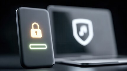 Online security illustration showing login authentication on mobile device and laptop protected by a digital padlock icon and privacy safeguards