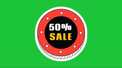 50 percent sale badge animation on green screen, round red discount label with bold text, clean promotional graphic for ads, retail, marketing