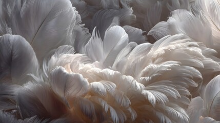 Cloud Dancer color — soft white feathers close up with airy delicate texture, light ethereal background