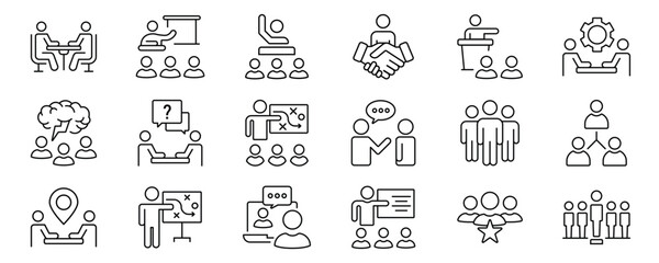 Meeting line icon set. Business conference, planning, and presentation. Team discussion, conversation, and collaboration. Outline vector pictogram for office communication.