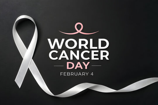 World Cancer Day awareness design with ribbon on dark background, medical campaign illustration, February 4.