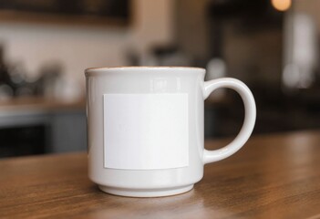 Ceramic mug with blank label on wooden coffee shop countertop and soft blurred background