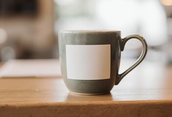 Fototapeta premium Ceramic mug with blank label on wooden coffee shop countertop and soft blurred background