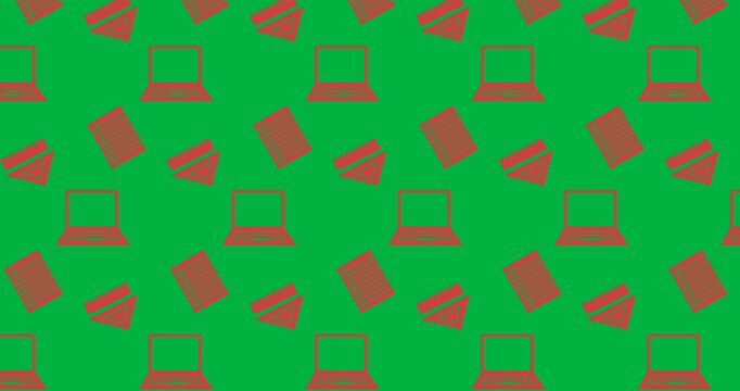 Multiple red set squares, paper and laptop icons in seamless motion on black background