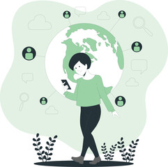 Fototapeta premium A woman interacting with a global network on her mobile device outdoors