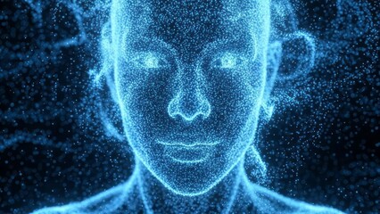Digital Human Face in Blue Particles Futuristic 3D Rendering Abstract. Concept featuring digital art, human face, blue particles, futuristic, 3d rendering.