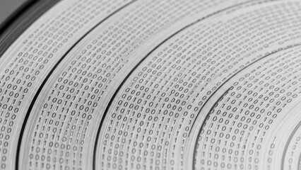Close-Up of Binary Data on Paper Binary Code Data Representation Printed Data. Concept featuring binary code, data representation, printed data, paper rolls, technology.