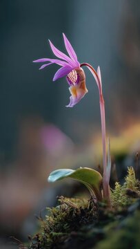 Pink slipper orchid (Paphiopedilum) blooming with striped pouch on a mossy plant bed. Concept Pink Paphiopedilum slipper orchid bloom, striped pouch, mossy plant bed, orchid detail close-up
