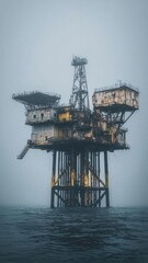 Naklejka premium A rusted offshore oil rig on tall stilts rising from the sea, with peeling yellow paint and a foggy sky. Concept Rusted Offshore Oil Rig, Foggy Seascape, Peeling Yellow Paint, Industrial Decay