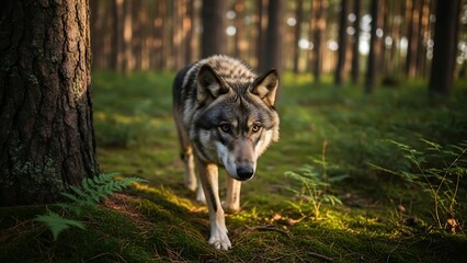 Wolf walking through forest habitat.