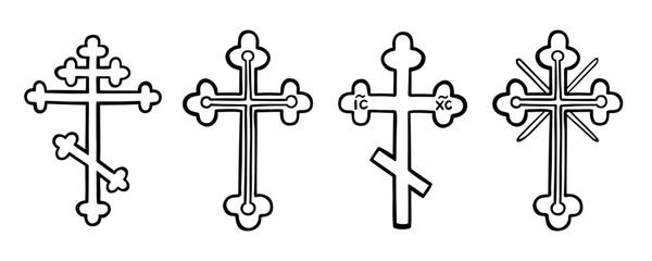 Orthodox christian crosses set isolated on white. Black line drawing, hand drawn design. Eight-pointed trefoil cross, church crucifix with rays. Vector clipart, religions illustration.