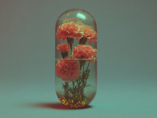 a transparent capsule containing several pink carnation flowers and small green plants, creating a miniature floral scene. The capsule is filled with a small amount of glittery liquid, adding a sparkl