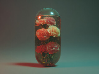a transparent capsule containing several pink carnation flowers and small green plants, creating a miniature floral scene. The capsule is filled with a small amount of glittery liquid, adding a sparkl