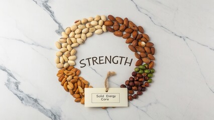 Creative Arrangement of Nuts Symbolizing Strength on Marble Surface for Healthy Lifestyle and Nutrition Inspiration