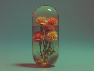 a transparent capsule containing several pink carnation flowers and small green plants, creating a miniature floral scene. The capsule is filled with a small amount of glittery liquid, adding a sparkl