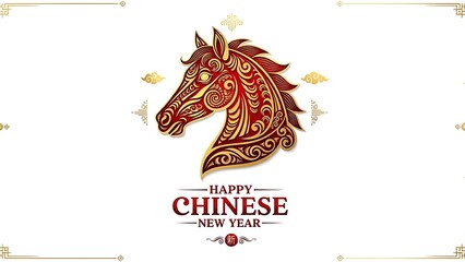 Happy Chinese New Year celebration with ornate horse head design.