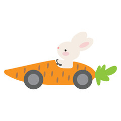 Cute Easter bunny in carrot car vector cartoon illustration