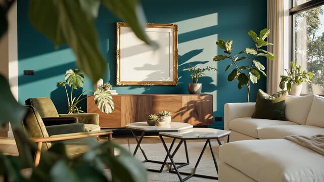 Sunlit modern living room interior with teal wall, wooden cabinet, gold picture frame mockup, and green velvet armchair