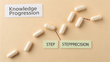 Concept of knowledge progress displayed with capsules and labels on beige surface representing growth and development stages