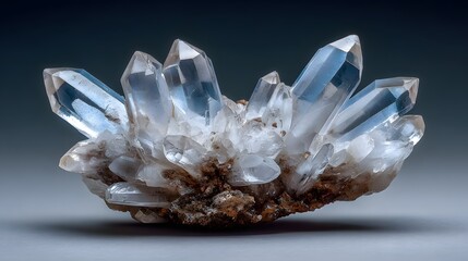 Transparent quartz crystal cluster with white mineral texture on neutral background, natural gemstone macro