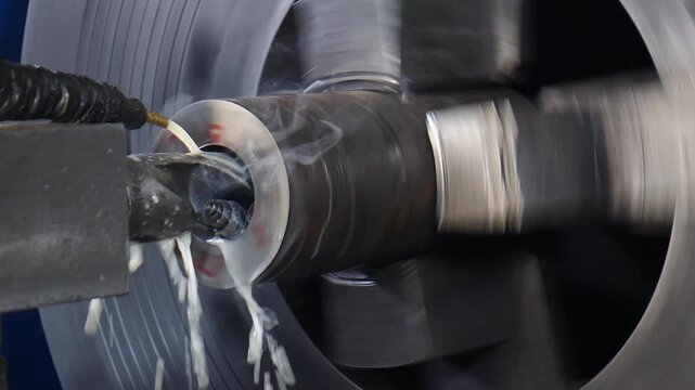 Drilling process on industrial lathe machine. shavings in industrial workshop. Mechanical coupling connecting two rotating shafts in industrial setting. rotating metal part. Heavy industry concept