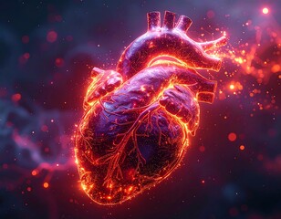 Digitally rendered human heart, glowing with fiery light effects
