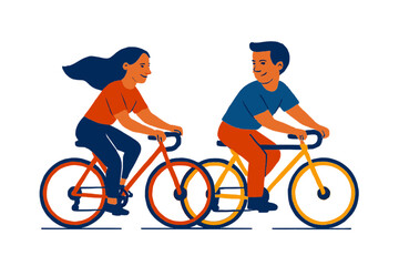 Cheerful man and woman enjoying a leisurely bicycle ride together isolated on white background