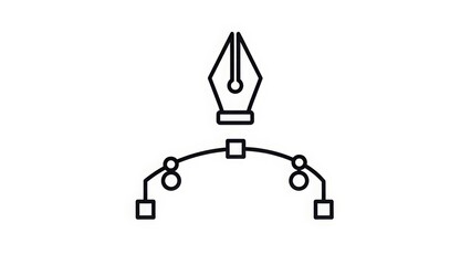 A simple black and white illustration of a fountain pen nib connected to geometric shapes