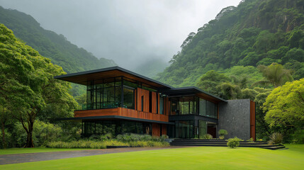 AI generator images of  "Glass House" style homes, a popular architectural style, feature houses with mostly glass walls and roofs, allowing for unobstructed views of the exterior and maximizing natur