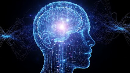 Futuristic human brain with glowing blue circuits and neon lights