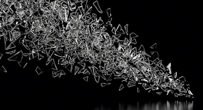 Sharp broken glass shards scattering diagonally against a reflec