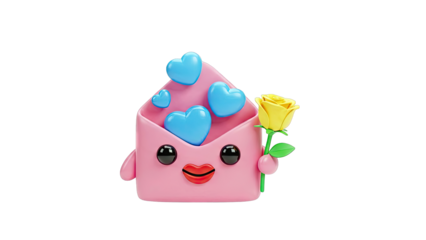 Cute Pink Envelope Character with Hearts and Yellow Rose